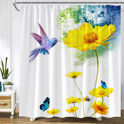 Ziedi Dušas aizkari Putnu Kolibri ar dabīgiem rozā ziediem, Vannas istabas dekors Poliestera audums Vannas aizkars ar āķiem