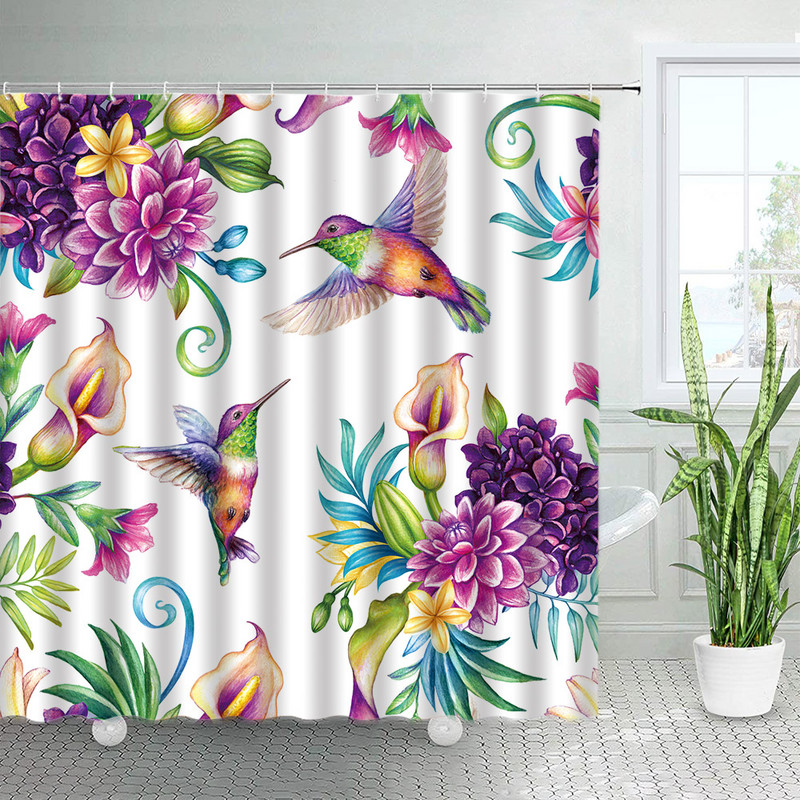 Ziedi Dušas aizkari Putnu Kolibri ar dabīgiem rozā ziediem, Vannas istabas dekors Poliestera audums Vannas aizkars ar āķiem