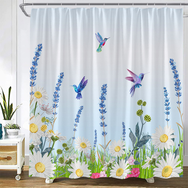 Ziedi Dušas aizkari Putnu Kolibri ar dabīgiem rozā ziediem, Vannas istabas dekors Poliestera audums Vannas aizkars ar āķiem