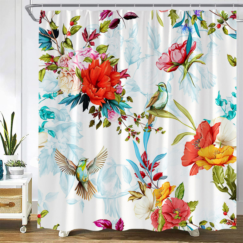 Ziedi Dušas aizkari Putnu Kolibri ar dabīgiem rozā ziediem, Vannas istabas dekors Poliestera audums Vannas aizkars ar āķiem