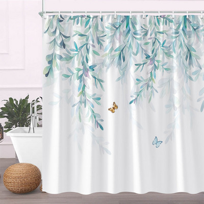 Zaļu augu lapu puķu dušas aizkari Akvarelis Pienene Flora Vannas aizkaru audums Poliesters Vannas istabas aizkars ar āķiem