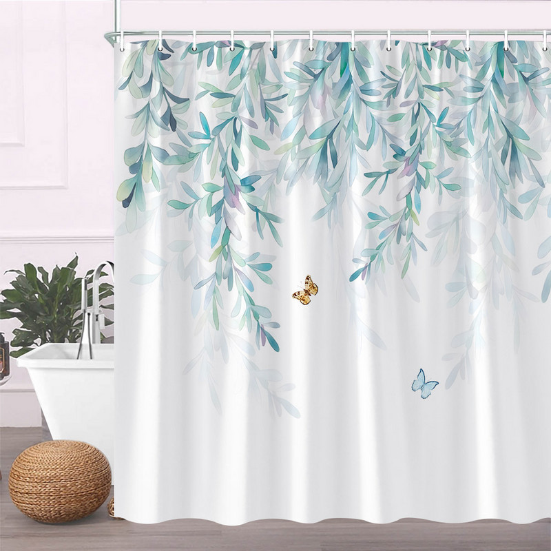 Zaļu augu lapu puķu dušas aizkari Akvarelis Pienene Flora Vannas aizkaru audums Poliesters Vannas istabas aizkars ar āķiem
