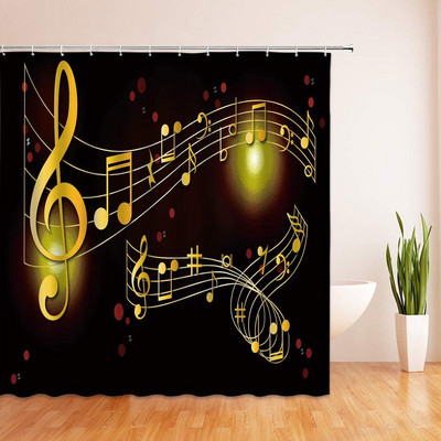 Модна творческа музикална завеса за душ Златни музикални ноти Червени точки Абстрактна геометрична черна завеса за баня с куки