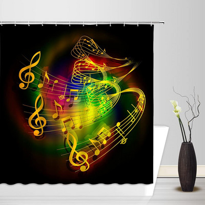 Modna kreativna glazbena zavjesa za tuširanje Zlatne glazbene note Crvena točkasta apstraktna geometrijska crna kupaonska zavjesa s kukama