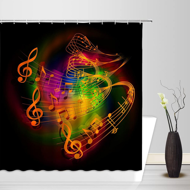 Modna kreativna glazbena zavjesa za tuširanje Zlatne glazbene note Crvena točkasta apstraktna geometrijska crna kupaonska zavjesa s kukama