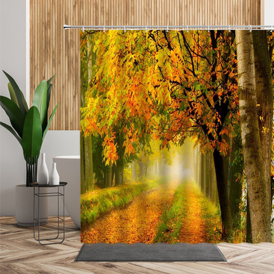 Šuma Javor Drvo Tuš Zavjesa Vodopad Džungla Jesen Priroda Narančasto lišće Dekor kupaonice Zavjese za kadu Jeftino uređenje doma