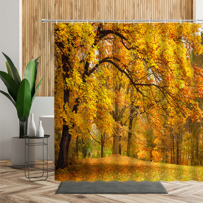 Šuma Javor Drvo Tuš Zavjesa Vodopad Džungla Jesen Priroda Narančasto lišće Dekor kupaonice Zavjese za kadu Jeftino uređenje doma