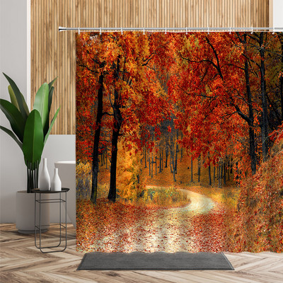 Šuma Javor Drvo Tuš Zavjesa Vodopad Džungla Jesen Priroda Narančasto lišće Dekor kupaonice Zavjese za kadu Jeftino uređenje doma