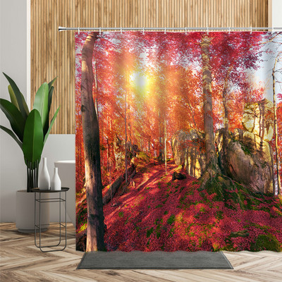 Šuma Javor Drvo Tuš Zavjesa Vodopad Džungla Jesen Priroda Narančasto lišće Dekor kupaonice Zavjese za kadu Jeftino uređenje doma