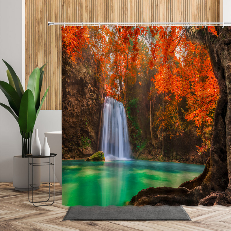 Šuma Javor Drvo Tuš Zavjesa Vodopad Džungla Jesen Priroda Narančasto lišće Dekor kupaonice Zavjese za kadu Jeftino uređenje doma