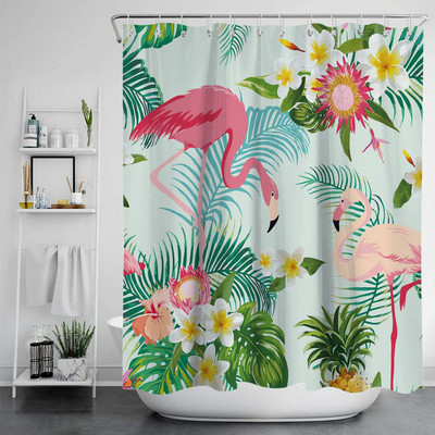 Zavjesa za tuš Poliesterska vodootporna kupaonska pregradna zavjesa s flamingom i cvijećem Vodootporna zavjesa za tuširanje