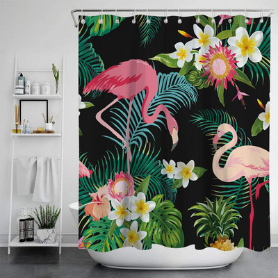 Zavjesa za tuš Poliesterska vodootporna kupaonska pregradna zavjesa s flamingom i cvijećem Vodootporna zavjesa za tuširanje