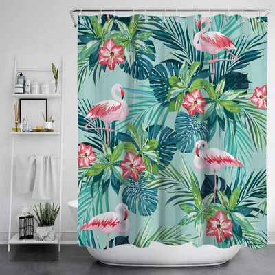 Zavjesa za tuš Poliesterska vodootporna kupaonska pregradna zavjesa s flamingom i cvijećem Vodootporna zavjesa za tuširanje