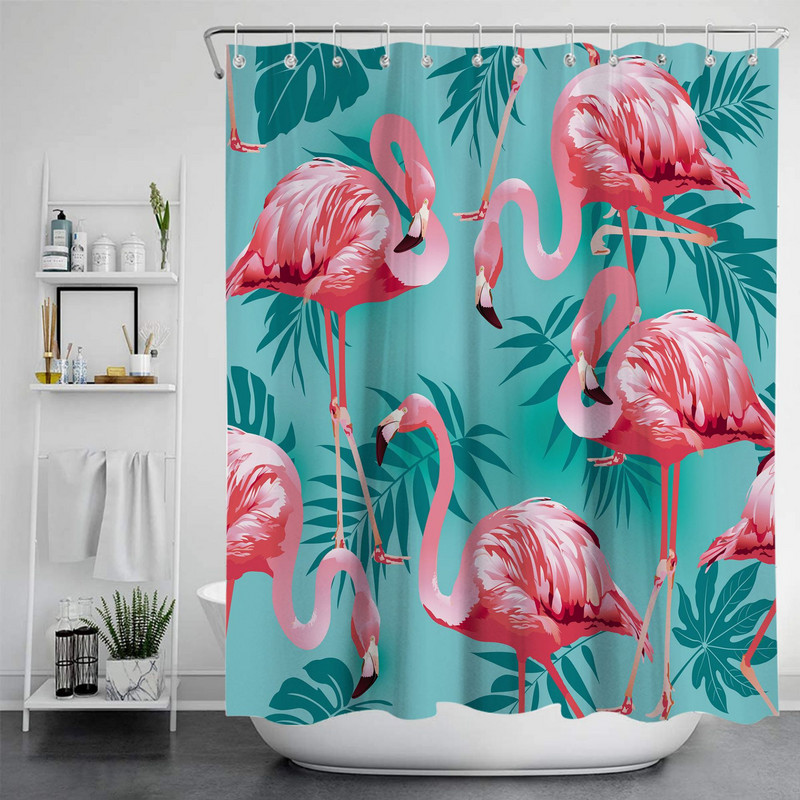Zavjesa za tuš Poliesterska vodootporna kupaonska pregradna zavjesa s flamingom i cvijećem Vodootporna zavjesa za tuširanje