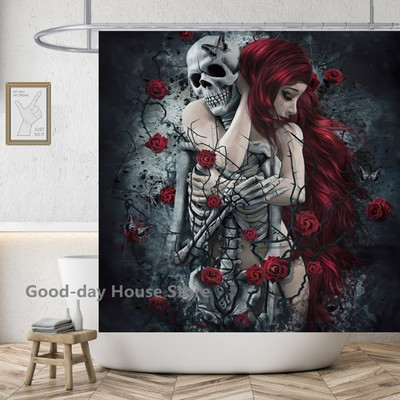 Gotička ljubavna zavjesa za tuširanje Lubanja Vodootporna poliesterska tkanina Cool Kupaonske zavjese Zastrašujuće Dekoracija doma za Noć vještica Cortinas
