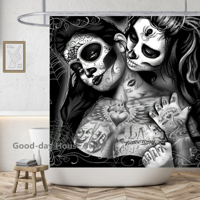 Gotička ljubavna zavjesa za tuširanje Lubanja Vodootporna poliesterska tkanina Cool Kupaonske zavjese Zastrašujuće Dekoracija doma za Noć vještica Cortinas