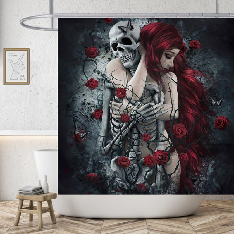 Gotička ljubavna zavjesa za tuširanje Lubanja Vodootporna poliesterska tkanina Cool Kupaonske zavjese Zastrašujuće Dekoracija doma za Noć vještica Cortinas