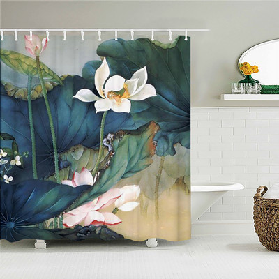 Kineski Lotus 3d zavjese za tuširanje s kukama Vodootporna tkanina Prekrasni cvjetovi otisnuti Kupaonska zavjesa Dekoracija ekrana za kadu
