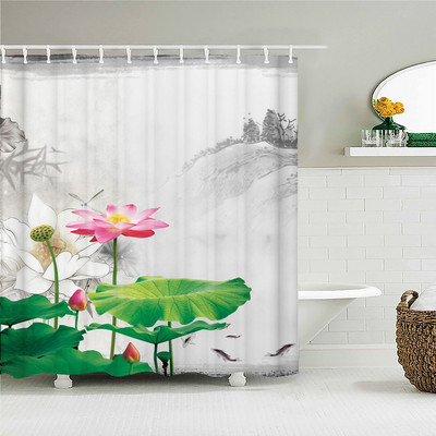 Kineski Lotus 3d zavjese za tuširanje s kukama Vodootporna tkanina Prekrasni cvjetovi otisnuti Kupaonska zavjesa Dekoracija ekrana za kadu