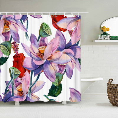 Kineski Lotus 3d zavjese za tuširanje s kukama Vodootporna tkanina Prekrasni cvjetovi otisnuti Kupaonska zavjesa Dekoracija ekrana za kadu