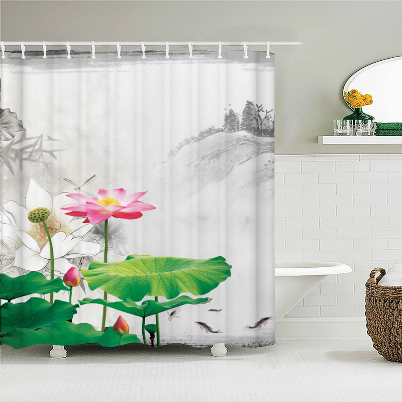 Kineski Lotus 3d zavjese za tuširanje s kukama Vodootporna tkanina Prekrasni cvjetovi otisnuti Kupaonska zavjesa Dekoracija ekrana za kadu