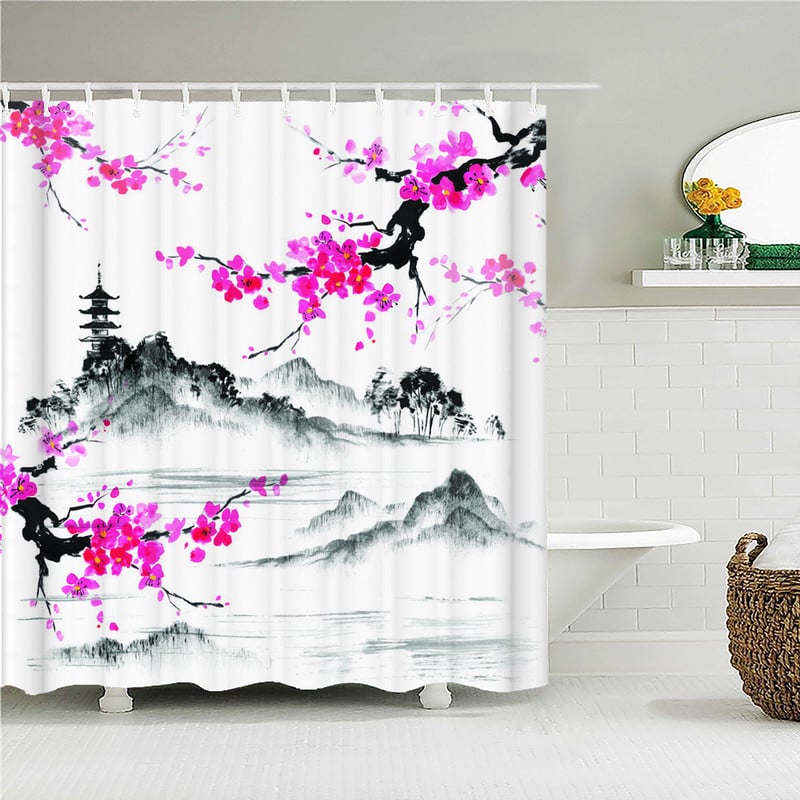 Kineski Lotus 3d zavjese za tuširanje s kukama Vodootporna tkanina Prekrasni cvjetovi otisnuti Kupaonska zavjesa Dekoracija ekrana za kadu