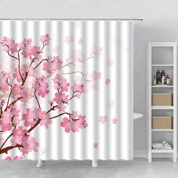 Розови цветя сакура Завеси за душ Японски черешови цветове Дървета Флорални селски градински пейзаж Пейзаж от плат Декор за баня