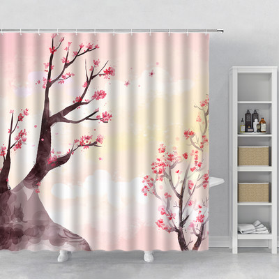 Rozā sakuras ziedi dušas aizkari japāņu ķiršu ziedi koki ziedi zemniecisks dārzs ainava auduma apdruka vannas istabas dekors