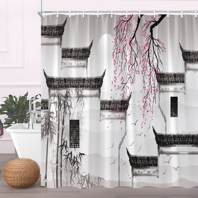 Rozā sakuras ziedi dušas aizkari japāņu ķiršu ziedi koki ziedi zemniecisks dārzs ainava auduma apdruka vannas istabas dekors
