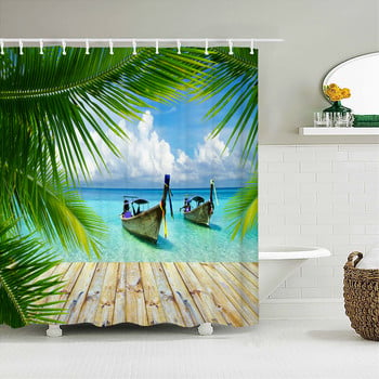 Seaside Beach Landscape Κουρτίνα μπάνιου 3D Palm Trees Αξεσουάρ μπάνιου Σετ Αδιάβροχο ύφασμα οθόνη μπάνιου Κουρτίνες διακόσμησης σπιτιού