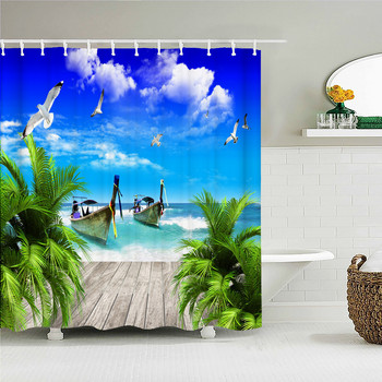 Seaside Beach Landscape Κουρτίνα μπάνιου 3D Palm Trees Αξεσουάρ μπάνιου Σετ Αδιάβροχο ύφασμα οθόνη μπάνιου Κουρτίνες διακόσμησης σπιτιού