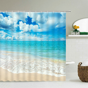 Морски плаж Пейзаж Завеса за душ 3D палмови дървета Комплекти аксесоари за баня Водоустойчив плат Параван за баня Начало Декор Пердета