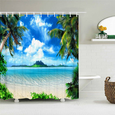 Pejzaž morske plaže Zavjesa za tuširanje 3D palme Setovi kupaonskog pribora Vodootporna tkanina Zastor za kadu Zavjese za uređenje doma