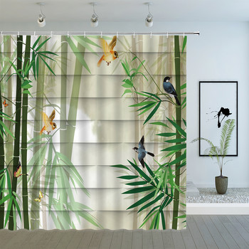 Πράσινη μπαμπού κουρτίνες μπάνιου Άνοιξη φυτό Σκηνικό Πουλί πεταλούδα Koi Μοτίβο φύλλου Zen Κήπος Διακόσμηση υφασμάτινων κουρτινών