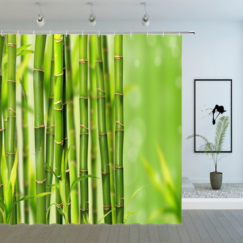 Зелени бамбукови завеси за душ Пролетни растителни пейзажи Птица Пеперуда Кои Модел на листа Дзен Градина Декорация на баня Комплект завеси от плат