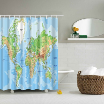 Завеса за душ с карта на света, отпечатана за баня, единичен печат, водоустойчив за декор на баня, завеси с карта на света, завеса за душ