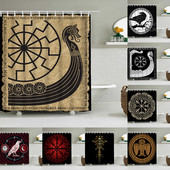 Crna nordijska zavjesa za tuširanje, Vikinški čarobni kompas Krug Rune Zmajevi Tattoo Dekoracija kupaonice s kukom Vodootporna zavjesa za kadu