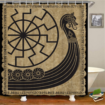 Черна скандинавска завеса за душ, викинг магически компас кръг руни дракони татуировка декор за баня с кука водоустойчива завеса за баня