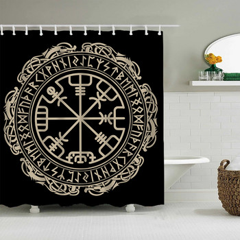 Μαύρη σκανδιναβική κουρτίνα μπάνιου, Viking Magical Compass Circle Runes Dragons Διακόσμηση μπάνιου με τατουάζ με γάντζο αδιάβροχη κουρτίνα μπάνιου