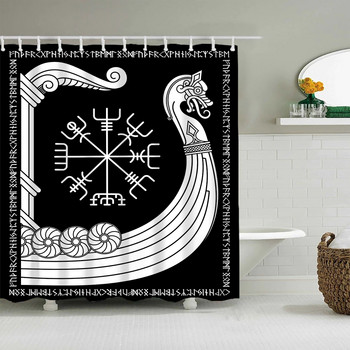 Μαύρη σκανδιναβική κουρτίνα μπάνιου, Viking Magical Compass Circle Runes Dragons Διακόσμηση μπάνιου με τατουάζ με γάντζο αδιάβροχη κουρτίνα μπάνιου