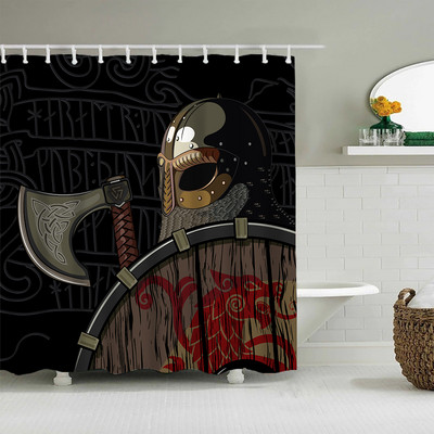 Crna nordijska zavjesa za tuširanje, Vikinški čarobni kompas Krug Rune Zmajevi Tattoo Dekoracija kupaonice s kukom Vodootporna zavjesa za kadu