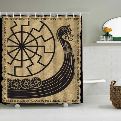 Crna nordijska zavjesa za tuširanje, Vikinški čarobni kompas Krug Rune Zmajevi Tattoo Dekoracija kupaonice s kukom Vodootporna zavjesa za kadu