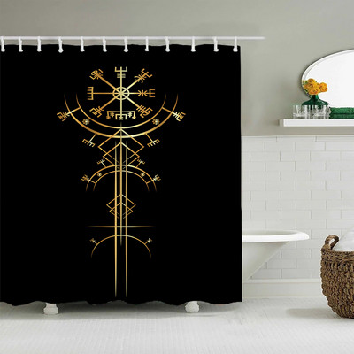 Crna nordijska zavjesa za tuširanje, Vikinški čarobni kompas Krug Rune Zmajevi Tattoo Dekoracija kupaonice s kukom Vodootporna zavjesa za kadu