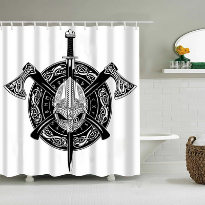 Crna nordijska zavjesa za tuširanje, Vikinški čarobni kompas Krug Rune Zmajevi Tattoo Dekoracija kupaonice s kukom Vodootporna zavjesa za kadu