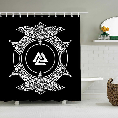 Crna nordijska zavjesa za tuširanje, Vikinški čarobni kompas Krug Rune Zmajevi Tattoo Dekoracija kupaonice s kukom Vodootporna zavjesa za kadu