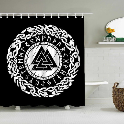 Crna nordijska zavjesa za tuširanje, Vikinški čarobni kompas Krug Rune Zmajevi Tattoo Dekoracija kupaonice s kukom Vodootporna zavjesa za kadu