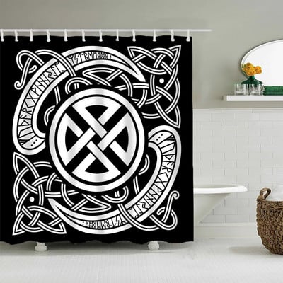 Crna nordijska zavjesa za tuširanje, Vikinški čarobni kompas Krug Rune Zmajevi Tattoo Dekoracija kupaonice s kukom Vodootporna zavjesa za kadu