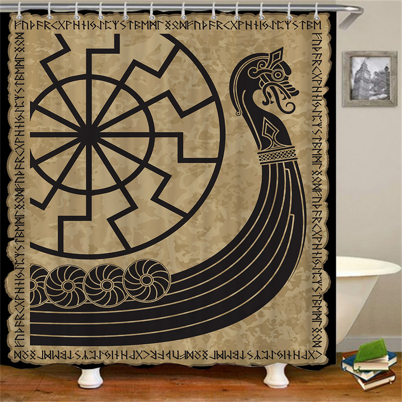 Crna nordijska zavjesa za tuširanje, Vikinški čarobni kompas Krug Rune Zmajevi Tattoo Dekoracija kupaonice s kukom Vodootporna zavjesa za kadu