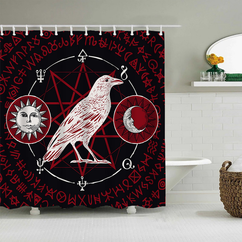 Crna nordijska zavjesa za tuširanje, Vikinški čarobni kompas Krug Rune Zmajevi Tattoo Dekoracija kupaonice s kukom Vodootporna zavjesa za kadu