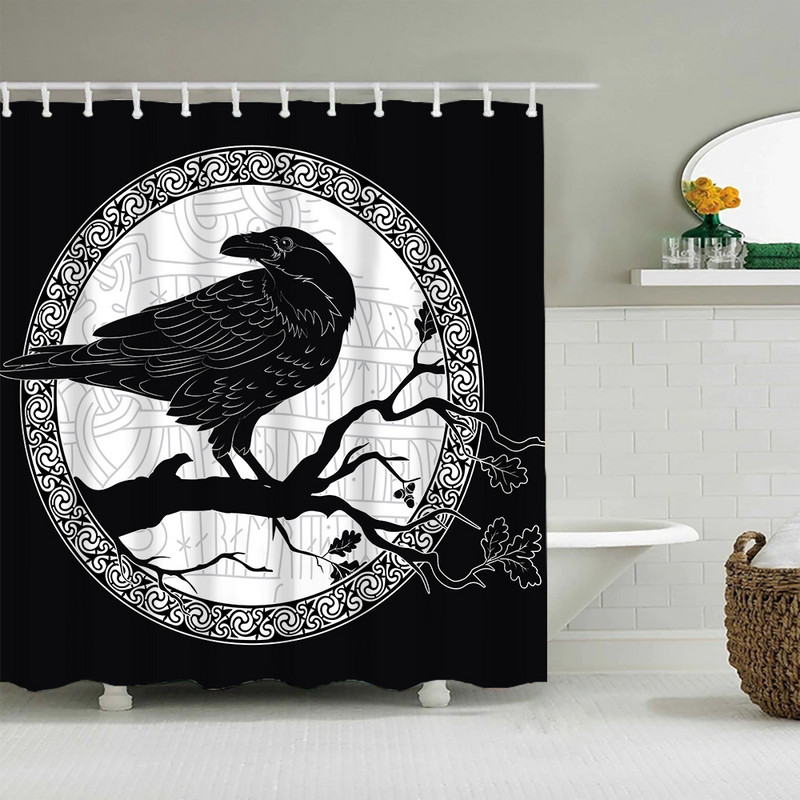 Crna nordijska zavjesa za tuširanje, Vikinški čarobni kompas Krug Rune Zmajevi Tattoo Dekoracija kupaonice s kukom Vodootporna zavjesa za kadu